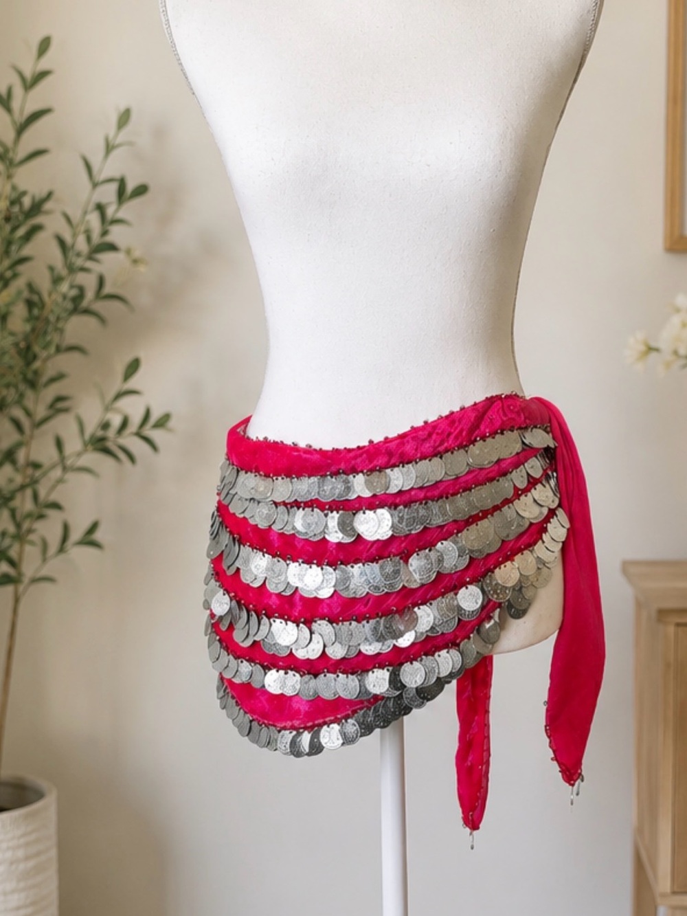Pink Velvet Belly Dance Hip Scarf Wrap with Silver Coins